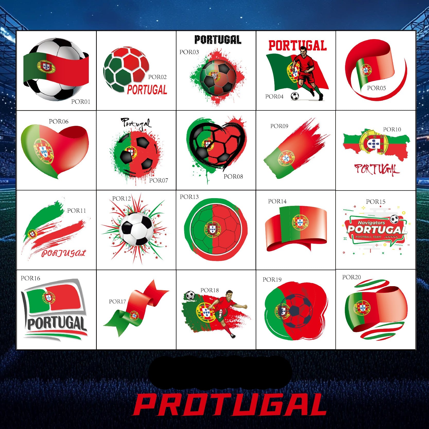 Portugal fotball ansiktsklistremerker og midlertidige tatoveringer – 20 pakke