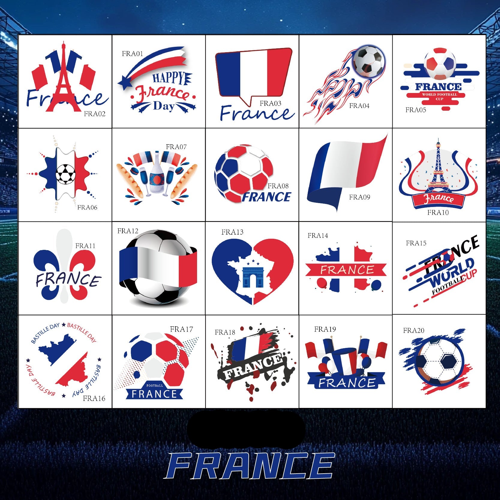 France Football ansiktsklistremerker og midlertidige tatoveringer – 20 pakke