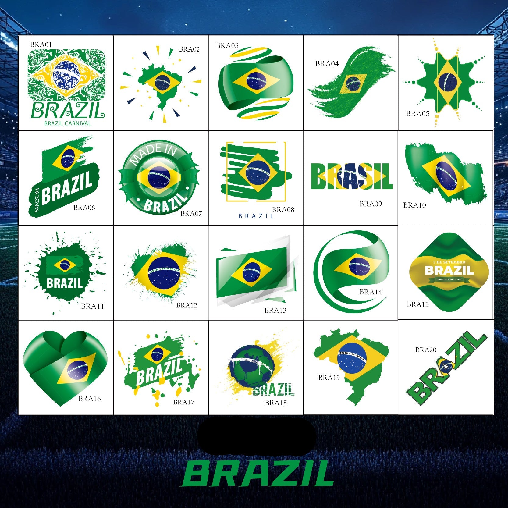 Brazil Football Face Stickers & Temporary Tattoos – 20 Pack