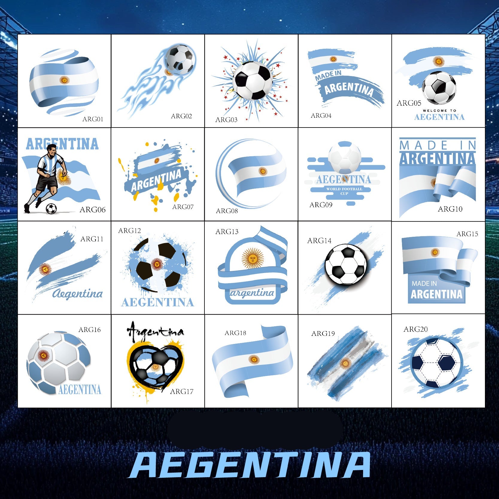 Argentina Football Face Stickers & Temporary Tattoos – 20 Pack