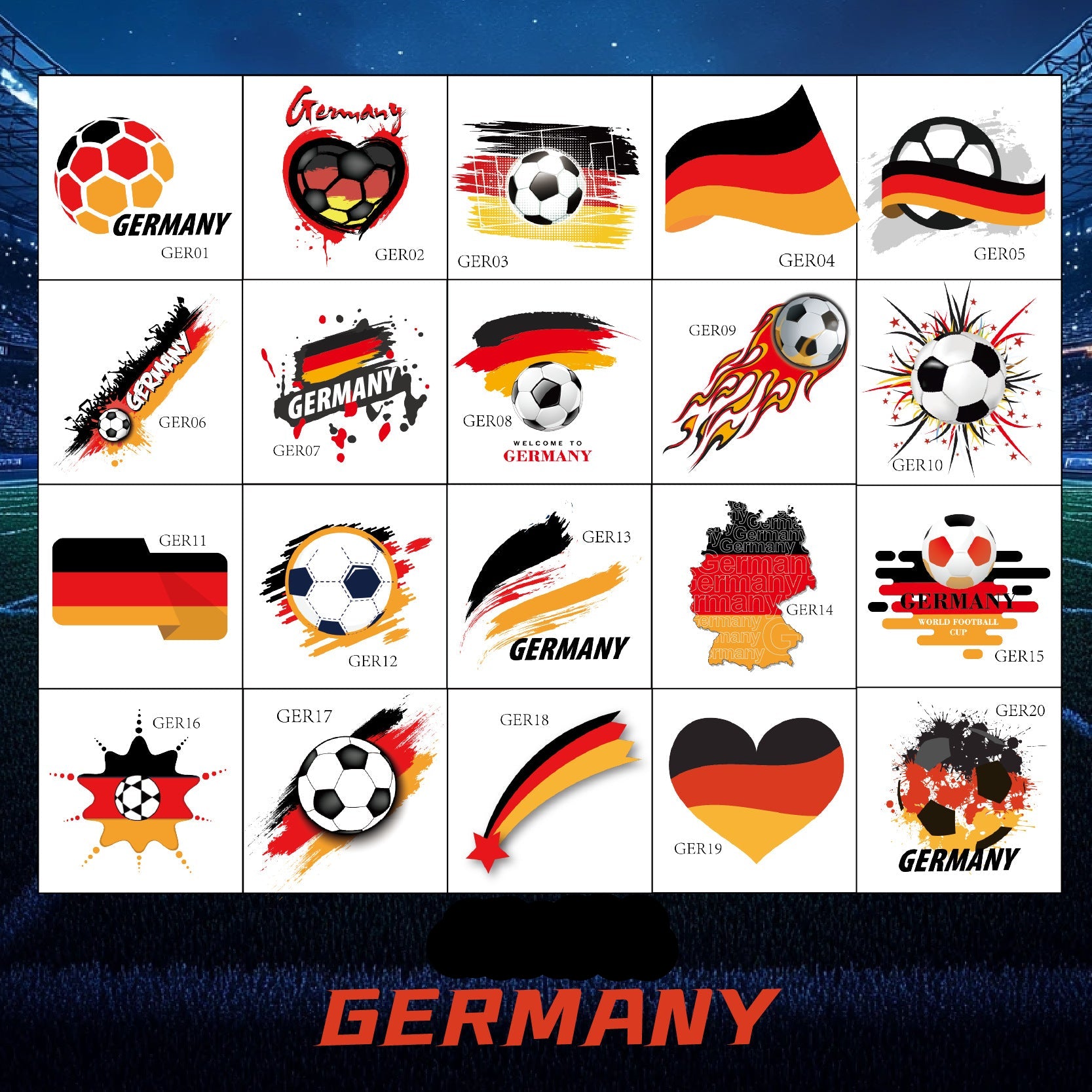 Germany Football Face Stickers & Temporary Tattoos – 20 Pack