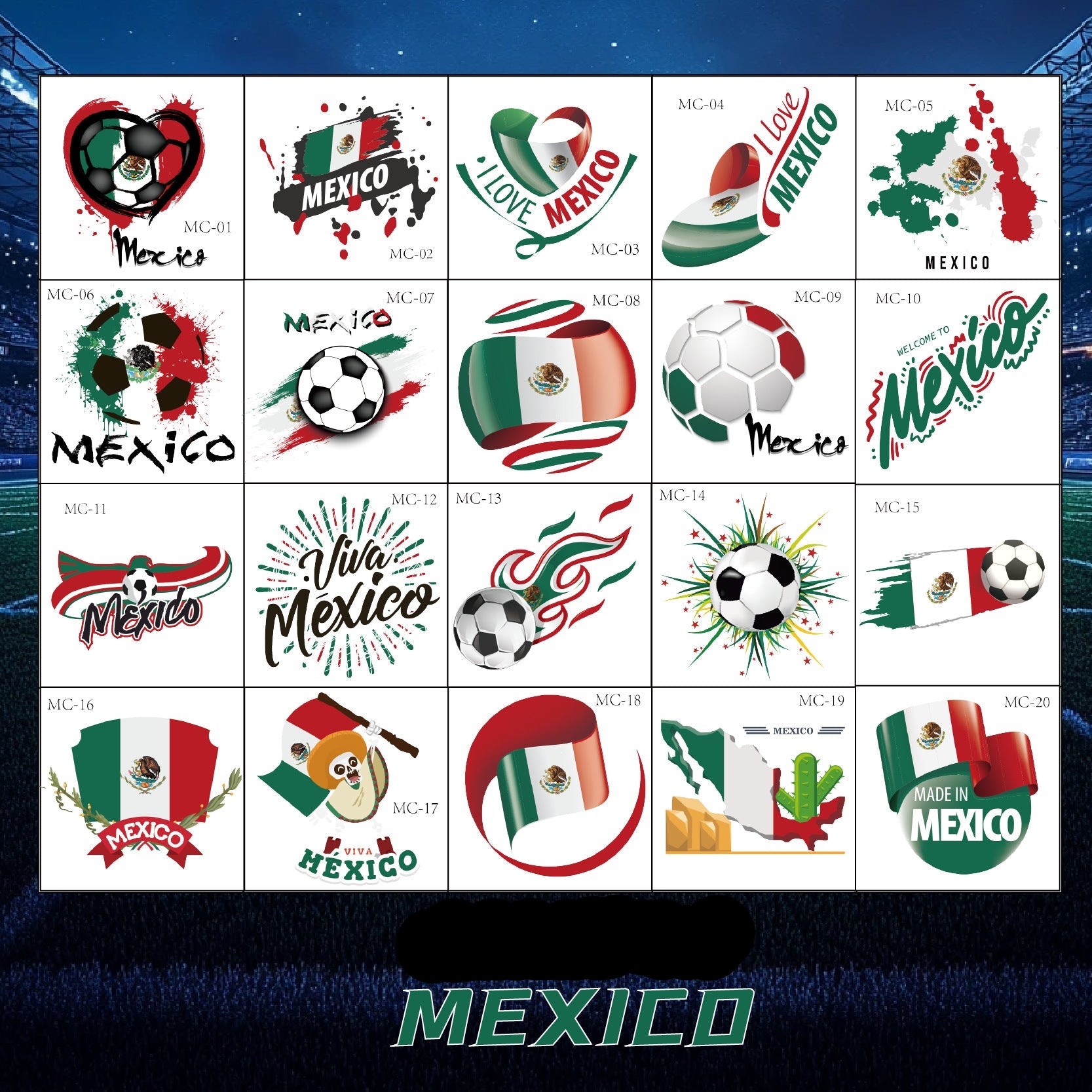 Mexico fotball ansiktsklistremerker og midlertidige tatoveringer – 20 pakke